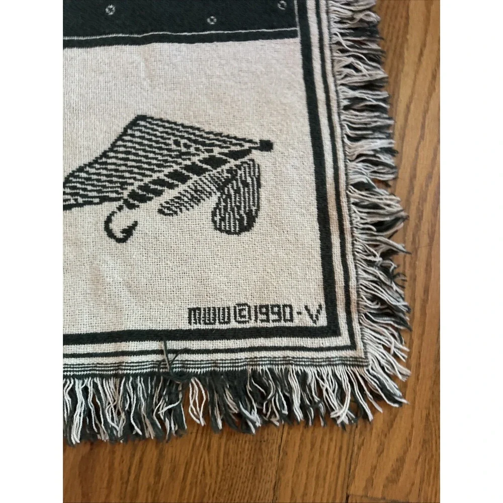 Vintage MWW Fly Fishing Trout Lodge Cabin Throw Blanket Jacquard 45x62 Green